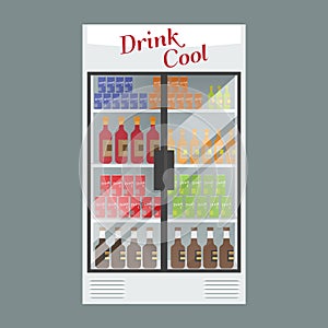 Refrigerated supermarket display case full with multiple drinks and beverages. Illustrated vector for your Mockup design
