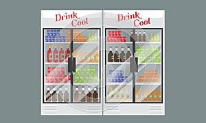 Refrigerated supermarket display case full with multiple drinks and beverages. Illustrated vector for your Mockup design