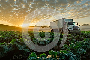 Refrigerated truck parked on a farm at sunrise, delivering fresh produce