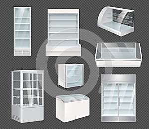 Refrigeration realistic. Retail open white refrigerators with ice for markets freeze interior decent vector templates