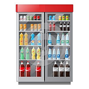 Refrigeration showcase with drinks in colorful bottles in flat style.