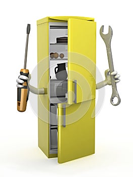 Refrigerator with arms and tools on hands