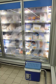 Refrigerator, in a big grocery store or supermarket, with frozen foods in Sofia, Bulgaria Ã¢â¬â jan 22, 2013