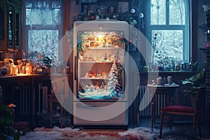 A refrigerator with a Christmas tree inside of it