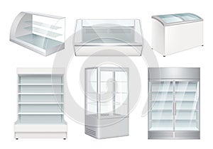 Refrigerator empty. Supermarket retail equipment vector realistic refrigerators for store