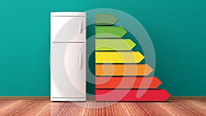 Refrigerator and energy efficiency rating. 3d illustration