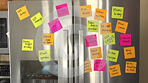 Refrigerator Filled With Reminder Notes and Hand Adds File Taxes Memo