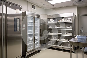 refrigerator and freezer in medical facility, with equipment and supplies for surgeries on display