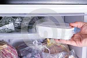 Refrigerator with frozen food meat, milk, vegetables