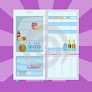 Refrigerator organic food kitchenware household utensil fridge appliance freezer vector illustration.