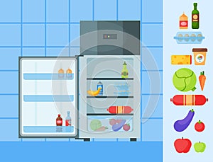 Refrigerator organic food kitchenware household utensil fridge appliance freezer vector illustration.