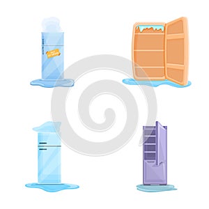 Refrigerator repair icons set cartoon . Broken fridge with water flowing