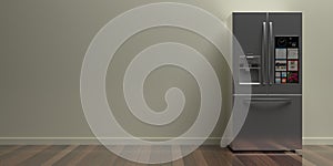 Refrigerator side by side on kitchen floor, beige wall background. 3d illustration