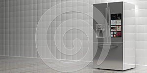 Refrigerator side by side on kitchen floor, beige wall background. 3d illustration