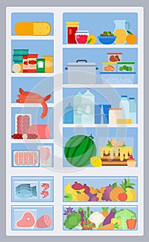 Refrigerator stocked products with transparent door flat isolated photo
