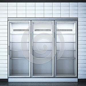 Refrigerator with three doors in the store. 3d rendering photo