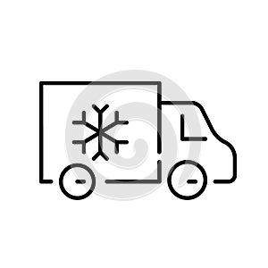 Refrigerator truck. Frozen goods distribution. Supermarket delivery and logistics. Pixel perfect, editable stroke