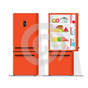 Refrigerator vector illustration, flat cartoon open and closed fridge, refrigerator full of food