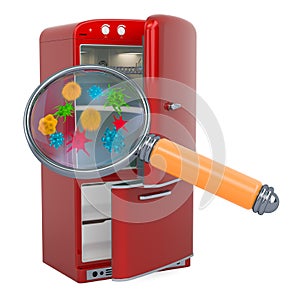 Refrigerator with viruses and bacterias under magnifying glass. 3D rendering