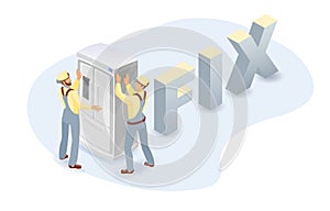 Refrigerator, workers, isometric word Fix. Home appliance repairs. Vector.