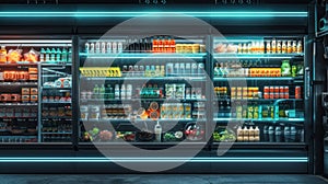 Refrigerators different types of supermarket fledges photo, mock-up, planogram. Suitable for presenting new products