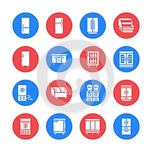 Refrigerators flat glyph icons. Fridge types, freezer, wine cooler, commercial major appliance, refrigerated display