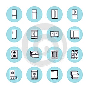 Refrigerators flat line icons. Fridge types, freezer, wine cooler, commercial major appliance, refrigerated display case