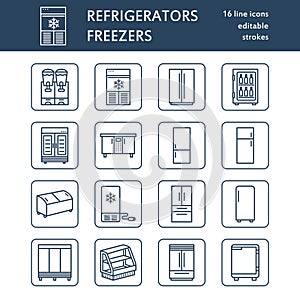 Refrigerators flat line icons. Fridge types, freezer, wine cooler, commercial major appliance, refrigerated display case