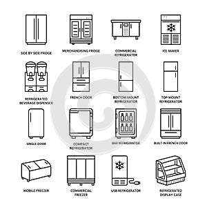 Refrigerators flat line icons. Fridge types, freezer, wine cooler, commercial major appliance, refrigerated display case