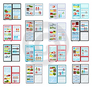 Refrigerators full of tasty food set. Flat fridge vector. Opened fridges with healthy food, meet, fruits and vegetables