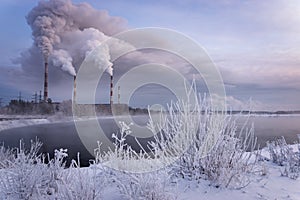 Reftinskaya GRES power station with Reftinsky reservoir in winter, Russia, Ural