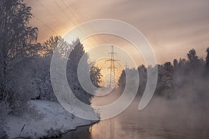 Reftinskaya GRES power station with Reftinsky reservoir in winter, Russia, Ural