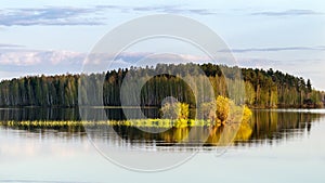Reftinskaya reservoir with island in summer,