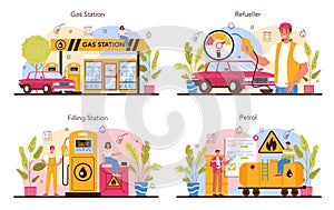 Refueler concept set. Gas station worker in uniform working