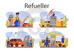 Refueler concept set. Gas station worker in uniform working with a filling