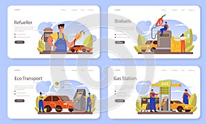 Refueler web banner or landing page set. Gas station worker in uniform working