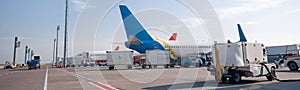 Refueling of the airplane before flight. Aircraft maintenance fuel at the airport outdoors