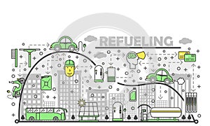 Refueling concept vector flat line art illustration