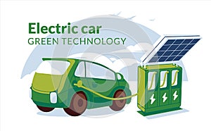 Refueling for electric vehicles with solar panel. Green energy concept. Electro car or gybrid on the clen sky clouds background.