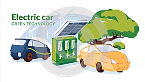 Refueling for electric vehicles with solar panel. Green energy concept. Two electro cars or gybrid on the clean sky clouds  and