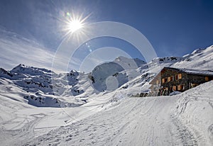 Refuge du Lac du Lou in winter near the ski resort of Val Thorens