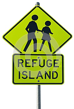 Refuge island warning traffic sign