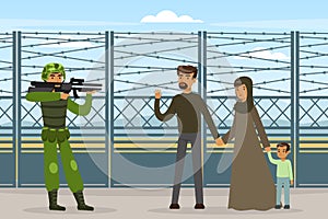 Refugee and Asylum Seeker Family Begging for Help and Shelter and Military Force with Rifle Vector Illustration