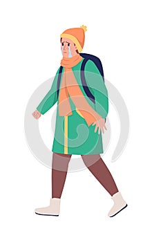 Refugee boy with backpack running away from war semi flat color vector character