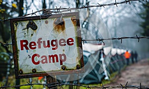 Refugee Camp Entrance Sign Surrounded by Barbed Wire, Depicting the Harsh Realities of Displacement and the Need for