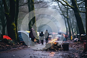 Refugee camp in late autumn or winter. The image conveys the somber reality faced by displaced individuals, highlighting