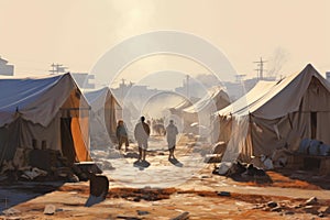 Refugee camp tents poverty. Generate Ai