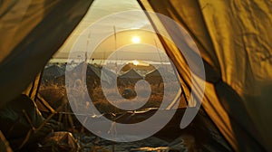 A refugee camp. A view from inside the refugee tent of the surrounding environment. There is a tent under the open sky, and the