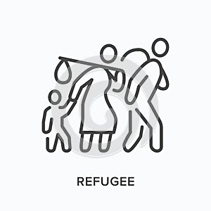 Refugee flat line icon. Vector outline illustration of displaced people walking with luggage, man woman and child