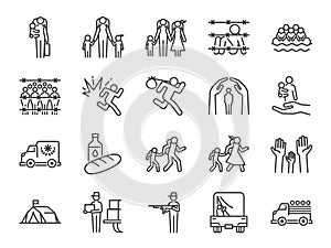 Refugee icon set. Included the icons as displaced person, asylum, shelter, evacuate, persecution, escape, international problem a